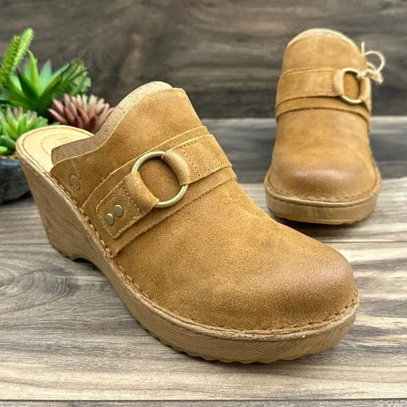 NIB Born Nola 9M Tan Distressed Suede Clogs Leather Open Back - Picture 4 of 12